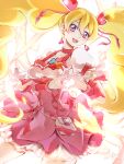  1girl :d artist_name blonde_hair choker clear_glass_(mildmild1311) commentary_request cure_peach dress earrings eyelashes fresh_precure! frilled_dress frills hair_ornament happy heart heart_earrings heart_hair_ornament heart_hands highres jewelry long_hair looking_at_viewer magical_girl momozono_love open_mouth pink_choker pink_dress pink_eyes precure puffy_short_sleeves puffy_sleeves short_sleeves signature smile solo standing twintails twitter_username wrist_cuffs 