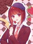  1girl arima_kana beret bob_cut chocolate food fruit hat highres inverted_bob looking_at_viewer necktie open_mouth oshi_no_ko purple_headwear red_eyes red_vest redhead short_hair smile solo strawberry upper_body vest xingfulun16203 