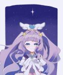  1girl blue_eyes brooch cure_majesty detached_sleeves elbow_gloves ellee-chan fw_635 gloves highres hirogaru_sky!_precure jewelry magical_girl own_hands_together precure purple_hair smile solo two_side_up white_gloves white_sleeves wing_brooch wing_hair_ornament 