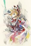  1girl blonde_hair calligraphy_brush dress ikeda_ruriko looking_to_the_side medicine_melancholy medium_hair paintbrush painting_(medium) puffy_sleeves red_dress ribbon short_sleeves solo touhou traditional_media 