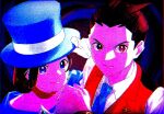  1boy 1girl ace_attorney antenna_hair apollo_justice blue_eyes blue_headwear blue_necktie bracelet brother_and_sister brown_eyes brown_hair closed_mouth collared_shirt dithering forked_eyebrows gloves half-siblings hand_on_headwear hand_up hat highres jewelry lapel_pin lapels looking_at_viewer necktie off_shoulder portrait red_scarf red_vest scarf shirt siblings smile strapless top_hat trucy_wright vest white_gloves white_shirt yymmawo_vv2 