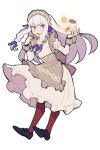  1girl apron black_footwear braid braided_sidelock cookie do_m_kaeru fire_emblem fire_emblem:_three_houses fire_emblem_heroes food hair_tie leggings long_hair looking_at_viewer lysithea_von_ordelia lysithea_von_ordelia_(tea_party) maid maid_headdress official_alternate_costume official_alternate_hairstyle open_mouth red_leggings solo twin_braids violet_eyes waitress white_background white_hair 