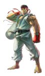  1boy bare_pectorals bingoman black_hair boxing_gloves carrying_over_shoulder dougi forked_eyebrows from_below headband highres large_hands looking_to_the_side male_focus muscular muscular_male pectorals red_headband ryu_(street_fighter) short_hair sidepec solo street_fighter thick_eyebrows wind 