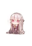  ... 1girl absurdres black_ribbon blunt_bangs boots braid chibi collared_shirt danganronpa:_trigger_happy_havoc danganronpa_(series) frown grey_hair hair_ribbon highres kirigiri_kyoko long_hair long_sleeves pink_eyes ribbon rucha_(dokkanhanabi) shirt side_braid simple_background sitting solo white_background 