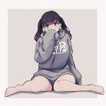  1girl 96nokimihito absurdres baggy_clothes barefoot breasts covering_mouth glasses head_tilt highres hood hoodie large_breasts looking_at_viewer original print_hoodie simple_background sitting sleeves_past_fingers sleeves_past_wrists solo thighs twintails violet_eyes 