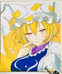  1girl animal_ears animal_hat blonde_hair breasts closed_mouth commentary_request dress ekisutora fox_tail hat highres large_breasts mob_cap multiple_tails orange_eyes solo sweatdrop tabard tail touhou traditional_media upper_body white_dress white_headwear yakumo_ran yellow_eyes 