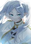  1girl absurdres aqua_eyes capelet close-up closed_mouth earrings elf frieren highres jewelry long_hair looking_at_viewer pointy_ears r1kuuw shirt signature simple_background solo sousou_no_frieren twintails upper_body white_background white_capelet white_hair white_shirt 