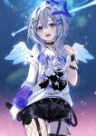  1girl amane_kanata amane_kanata_(6th_costume) angel_wings breasts hair_ornament highres holding holding_microphone hololive looking_at_viewer microphone night night_sky shirt sky smile solo twinkly717 virtual_youtuber white_hair white_shirt wings 