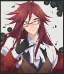  1boy black_flower black_gloves brown_hair brown_vest earrings flower glasses gloves green_eyes grell_sutcliff hair_between_eyes highres jewelry kuroshitsuji long_hair long_sleeves looking_at_viewer male_focus ozu_babucyan sharp_teeth skull_earrings smile solo teeth upper_body vest 