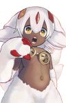  1girl absurdres animal_ears body_fur evermind faputa hair_between_eyes highres looking_at_viewer made_in_abyss multiple_tails non-web_source open_mouth orange_eyes simple_background solo tail upper_body white_background white_fur yellow_eyes 
