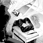  2boys aged_down arms_on_table artist_name bakugou_katsuki boku_no_hero_academia chair cherry_blossoms classroom closed_eyes closed_mouth covered_mouth crossed_arms crying curly_hair curtains desk falling_petals freckles from_side gakuran greyscale hand_in_pocket hand_up head_on_arm head_rest holding holding_phone indoors jacket kamichi_ka leaning_forward long_sleeves male_focus midoriya_izuku monochrome multiple_boys no_eyes notebook on_chair pants pen petals phone profile recording school_chair school_desk school_uniform short_hair sitting sleeping spiky_hair tears transparent transparent_curtains upper_body wind window 