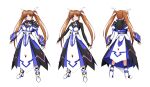  1girl absurdres breasts brown_hair commentary_request fingerless_gloves gauntlets gloves hair_ribbon highres large_breasts long_hair lyrical_nanoha mahou_shoujo_lyrical_nanoha_detonation mahou_shoujo_lyrical_nanoha_strikers oshimaru026 ribbon solo takamachi_nanoha takamachi_nanoha_(formula_ii) twintails violet_eyes white_footwear 
