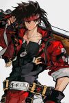  1boy belt brown_hair collarbone english_text fighting_stance found_modori guilty_gear guilty_gear_strive hair_between_eyes headband highres holding holding_sword holding_weapon male_focus outrage_mk_ii ponytail red_eyes serious sol_badguy solo sword weapon zipper zipper_pull_tab 