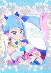  1girl ahoge blue_cape blue_eyes blue_hair cape character_name commentary_request cure_sky detached_sleeves dress earrings eyelashes gloves gradient_hair hair_ornament happy happy_birthday highres hirogaru_sky!_precure jewelry kamikita_futago long_hair looking_at_viewer magical_girl multicolored_hair pink_hair precure puffy_short_sleeves puffy_sleeves red_cape short_sleeves smile solo sora_harewataru streaked_hair twintails two-tone_cape two-tone_hair very_long_hair white_gloves 