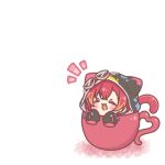  &gt;_&lt; 1girl :3 :d blush chibi closed_eyes cup highres hood hoodie long_sleeves mitarashi_neko nekota_tsuna open_mouth redhead smile solo tail teacup virtual_youtuber vspo! white_background 