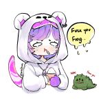  1girl animal_hood bear_hood commentary crying dragon_tail english_commentary english_text frog highres hood hood_up hoodie jewelry mouth_hold necklace nijisanji nijisanji_en official_alternate_costume selen_tatsuki selen_tatsuki_(3rd_costume) shibedraws solo tail violet_eyes virtual_youtuber white_hoodie 