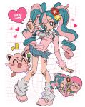  1girl ^_^ bandaid bandaid_on_leg blue_hair blush_stickers cardigan closed_eyes collared_shirt colored_eyelashes curly_hair flower full_body grid_background gyaru hair_flower hair_ornament hatsune_miku heart highres holding holding_microphone jigglypuff jwnn kogal loafers looking_at_viewer loose_socks microphone miniskirt multicolored_hair neckerchief open_mouth pink_cardigan pink_eyes pink_footwear pink_hair pink_nails plaid plaid_skirt pleated_skirt pokemon pokemon_(creature) project_voltage scrunchie shirt shoes skirt socks speech_bubble twintails two-tone_hair v vocaloid white_neckerchief white_shirt wrist_scrunchie 