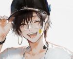  1boy :d ^_^ adjusting_clothes adjusting_headwear bandaid bandaid_on_neck baseball_cap black_hair black_headwear closed_eyes closed_mouth commentary earrings facing_viewer glasses hair_over_one_eye hat heart highres hoop_earrings jewelry male_focus open_mouth original portrait shirt short_hair single_earring sketch smile solo sticker sticker_on_face suechiee teeth tongue upper_teeth_only watch watch white-framed_eyewear white_background white_shirt 
