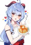  1girl ahoge alternate_costume bare_shoulders blue_hair breasts food ganyu_(genshin_impact) genshin_impact harupipipi4 heart highres holding holding_plate horns long_hair open_mouth overalls pancake plate red_eyes solo white_overalls 