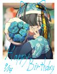  1girl bags_under_eyes black_hair blue_dress blue_flower blue_hair blue_hairband blue_nails blue_rose bouquet collared_shirt dated drawn_ears drawn_whiskers dress facing_viewer floral_print flower grin hairband hands_up happy_birthday highres holding holding_bouquet indie_virtual_youtuber jiangshi long_sleeves multicolored_hair nail_polish nanasaka_831 one_eye_covered polaroid rose rose_print shirt short_hair sleeves_past_fingers sleeves_past_wrists smile solo streaked_hair upper_body v virtual_youtuber white_shirt yosumi_(vtuber) 
