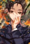  1boy absurdres black_hair black_jacket branch brown_eyes commentary_request covering_mouth day flower foliage forehead gakuran gold_osmanthus hand_over_own_mouth hand_up highres jacket leaf light_rays long_sleeves looking_at_viewer male_focus orange_flower original outdoors parted_hair partial_commentary peach_punch portrait school_uniform shirt solo sunbeam sunlight water_drop white_shirt 