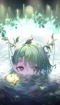  1girl absurdres antlers apple ceres_fauna flower food fruit future_cake golden_apple green_hair hair_flower hair_ornament highres hololive hololive_english leaf leaf_on_head lily_pad looking_at_viewer mole mole_under_eye partially_submerged solo virtual_youtuber water yellow_eyes 