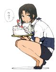  1girl black_eyes black_footwear black_hair black_skirt black_vest cake collared_shirt dress_shirt food henriiku_(ahemaru) high_heels highres looking_at_viewer pencil_skirt pumps shirafuji_kyouko shirt short_hair simple_background skirt solo squatting strawberry_shortcake vest white_background white_shirt working!! 