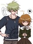  2boys :d amami_rantaro brown_hair brown_pants brown_skirt closed_eyes danganronpa:_trigger_happy_havoc danganronpa_(series) danganronpa_v3:_killing_harmony ear_piercing earrings facing_another fujisaki_chihiro green_hair hand_on_another&#039;s_shoulder height_difference highres jewelry long_sleeves messy_hair multiple_boys neck_ribbon otoko_no_ko pants piercing pleated_skirt ribbon shirt short_hair simple_background skirt smile speech_bubble spoken_squiggle squiggle striped striped_shirt suiren_yurei teeth translation_request upper_teeth_only white_background 