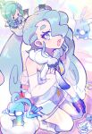  1girl :d altaria bright_pupils character_doll commentary crossover double_bun gloves grey_eyes grey_hair hair_bun hair_over_one_eye hair_ribbon hand_up hatsune_miku highres jl_seiko lisia_(pokemon) long_hair loose_socks open_mouth poke_ball poke_ball_(basic) pokemon project_voltage ribbon see-through see-through_shorts see-through_sleeves single_glove smile socks solo stitches swablu tongue twintails vocaloid white_pupils 