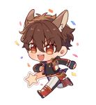  1boy animal belt black_gloves black_shirt brown_eyes brown_hair chibi clenched_hands commentary confetti ensemble_stars! extra_ears gloves hair_between_eyes highres jacket jewelry long_sleeves male_focus morisawa_chiaki necklace neki_(nekiansu0918) open_clothes open_jacket open_mouth shirt short_hair solo star_(symbol) star_necklace teeth upper_teeth_only 