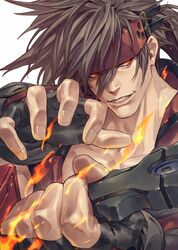  1boy black_gloves collarbone fingerless_gloves fire fireseal gloves glowing glowing_eyes guilty_gear guilty_gear_x guilty_gear_xx hair_between_eyes headband highres holding holding_sword holding_weapon jacket large_pectorals long_hair male_focus muscular muscular_male pectorals ponytail red_eyes red_jacket slit_pupils smile sol_badguy solo sword talgi weapon 