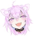  1girl :3 :d ahoge animal_ear_fluff animal_ears black_collar cat_ears cat_girl collar commentary_request cropped_head crossed_bangs double-parted_bangs eyelashes eyes_visible_through_hair fang hair_between_eyes highres hololive lens_flare light_blush looking_at_viewer nekomata_okayu open_mouth portrait purple_hair short_hair sidelocks simple_background slit_pupils smile smug solo violet_eyes virtual_youtuber white_background yuuichi_katou 