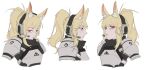  1girl animal_ear_fluff animal_ears arknights armor black_scarf blonde_hair breastplate cropped_torso from_side headset high_ponytail highres horse_ears horse_girl implied_extra_ears long_hair multiple_views nearl_(arknights) parted_lips pauldrons plate_armor ponytail profile red_eyes rhodes_island_logo scarf shoulder_armor simple_background sinnbunn sketch upper_body white_background 