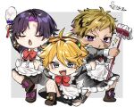  3boys :d :o ahoge alternate_costume apron arm_up black_dress black_footwear black_hair blonde_hair blue_eyes blush boots border bow bowtie chibi closed_eyes collared_dress colored_inner_hair commentary_request crossdressing dress duster earrings enmaided fang footwear_bow frilled_apron frilled_dress frills goggles goggles_on_head grey_background hair_between_eyes highres holding holding_duster holding_mop jewelry jieli kneeling krisis leg_up long_sleeves looking_at_viewer maid maid_apron male_focus mop multicolored_hair multiple_boys nijisanji nijisanji_en on_one_knee open_mouth outside_border outstretched_arms pink_hair purple_bow purple_hair red_bow red_bowtie scar scar_on_cheek scar_on_face scar_on_forehead short_hair simple_background skin_fang sleeve_cuffs smile sparkle spread_arms standing standing_on_one_leg swept_bangs two-tone_hair v-shaped_eyebrows vantacrow_bringer vezalius_bandage violet_eyes virtual_youtuber waist_apron white_apron white_border yellow_bow yu_q._wilson 