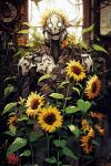  absurdres ai-generated android cable doorway english_commentary flower highres indoors kenva leaf no_humans open_mouth original poster_(object) skeleton solid_circle_eyes solo sunflower teeth white_eyes yellow_flower 