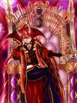 1boy absurdres crossed_legs demon_horns duel_monster forehead_jewel hand_on_own_cheek hand_on_own_face highres horns red_eyes redhead robe sitting sitting_on_object the_bystial_aluber throne user_zsru8573 yu-gi-oh! 