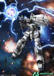  arm_shield assault_visor copyright_name electricity energy_gun explosion flying gun gundam gundam_arsenal_base gundam_unicorn holding holding_gun holding_weapon horns logo mecha mobile_suit official_art robot single_horn space spacecraft star_(sky) tomo_(machinemess) unicorn_gundam weapon 