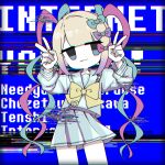  1girl :3 blonde_hair blue_background blue_bow blue_eyes blue_hair blue_shirt blue_skirt bow character_name chouzetsusaikawa_tenshi-chan copyright_name cowboy_shot double_v glitch hair_bow hair_ornament hands_up heart heart_hair_ornament highres long_hair long_sleeves looking_at_viewer multicolored_hair needy_girl_overdose pink_bow pink_hair pleated_skirt purple_bow quad_tails sailor_collar san_san_nana_byoushi school_uniform serafuku shirt skirt smile solo song_name standing twintails v very_long_hair yellow_bow 