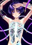  1boy absurdres artist_name closed_mouth commentary_request genshin_impact hagehiro heart highres looking_at_viewer male_focus mechanization purple_hair scaramouche_(genshin_impact) see-through short_hair simple_background skeleton topless_male upper_body veins violet_eyes x-ray 