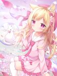 1girl absurdres animal_ears blonde_hair bubble cat_ears cat_girl dress highres original parted_bangs pink_dress pleated_dress sailor_dress sidelocks soap_bubbles yuduki_pdx