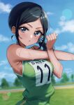  1girl absurdres black_hair blue_eyes blue_scrunchie blue_sky blurry blurry_background blush closed_mouth clouds cloudy_sky commentary day depth_of_field frown green_shirt green_shorts hair_ornament hair_scrunchie healin&#039;_good_precure highres jikai_ing lens_flare looking_at_viewer mountainous_horizon outdoors precure sawaizumi_chiyu scrunchie shirt short_ponytail shorts sidelocks sky sleeveless sleeveless_shirt solo stretching sweat swept_bangs track_uniform upper_body 