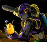  1boy android commentary_request cup drinking_straw food fruit helmet holding holding_cup juice male_focus mega_man_(series) mega_man_x_(series) orange_(fruit) sitting solo vile_(mega_man) yuriyuri_(ccc) 