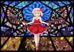 1girl armageddon_knight back_bow blonde_hair blue-eyes_white_dragon bobby_socks bow chaos_emperor_dragon_-_envoy_of_the_end collared_shirt dark_requiem_xyz_dragon demise_king_of_armageddon duel_monster flandre_scarlet frilled_skirt frills full_body hat hat_ribbon highres holding holding_polearm holding_weapon ishii_(young-moon) keeper_of_the_shrine laevatein_(touhou) looking_at_viewer mary_janes mob_cap one_side_up open_mouth polearm puffy_short_sleeves puffy_sleeves red_eyes red_footwear red_ribbon red_skirt red_vest ribbon ruin_queen_of_oblivion shirt shoes short_sleeves skirt sleeve_ribbon socks stained_glass touhou vest weapon white_bow white_headwear white_shirt white_socks yu-gi-oh!