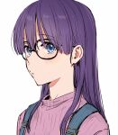  1girl blue_eyes dr._slump glasses looking_at_viewer napata norimaki_arale overalls parted_lips pink_sweater purple_hair ribbed_sweater sideways_glance simple_background solo sweater turtleneck turtleneck_sweater white_background 