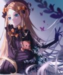  1girl abigail_williams_(fate) blonde_hair blue_eyes bow bug butterfly fate/grand_order fate_(series) hair_bow highres hugging_doll hugging_object ina_(rimuna_1228) multiple_hair_bows sleeves_past_fingers sleeves_past_wrists solo stuffed_animal stuffed_toy teddy_bear white_hair 