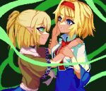  2girls alice_margatroid blonde_hair blue_dress blue_eyes brodall_pixel brown_shirt capelet dress evil_smile glaring glowing glowing_eyes green_background green_eyes hairband looking_at_another mizuhashi_parsee multiple_girls pixel_art pointy_ears puffy_sleeves red_hairband scarf shirt short_hair smile touhou upper_body white_capelet white_scarf yuri 