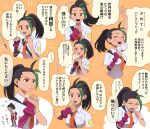  1girl :d arm_up blush breast_pocket clenched_hands collared_shirt commentary_request fingerless_gloves freckles gloves green_hair hand_up hands_up highres long_hair mira_(miramita8727) multicolored_hair multiple_views necktie nemona_(pokemon) open_mouth orange_background orange_necktie own_hands_together pink_gloves pocket pokemon pokemon_(game) pokemon_sv ponytail school_uniform shirt single_glove smile teeth translation_request two-tone_hair white_shirt 