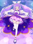  1girl backlighting big_hair bridal_garter brooch clothing_cutout commentary cure_majesty dress elbow_gloves flats full_body gloves half-dress highres hirogaru_sky!_precure jewelry leg_up long_hair looking_at_viewer magical_girl miniskirt open_mouth pleated_skirt precure purple_background purple_dress purple_footwear purple_hair purple_skirt reaching reaching_towards_viewer short_sleeves shoulder_cutout skirt smile standing standing_on_one_leg thigh-highs tiler_(tiler00) very_long_hair white_gloves white_thighhighs wing_brooch wing_hair_ornament 