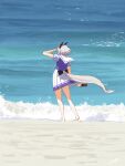 1girl 4me_4ma absurdres animal_ears barefoot beach curren_chan_(umamusume) day from_behind full_body grey_hair hand_up highres holding holding_shoes horse_ears horse_girl horse_tail ocean outdoors pleated_skirt purple_shirt sailor_collar sand school_uniform shading_eyes shirt shoes short_hair short_sleeves skirt solo standing tail tail_through_clothes textless_version tracen_school_uniform umamusume water white_skirt 