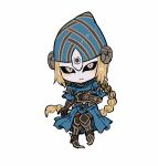  1girl :&lt; armor armored_boots blonde_hair blue_skirt blush boots braid braided_ponytail chibi dark_souls_(series) dark_souls_i full_armor helmet highres horns long_hair lord&#039;s_blade_ciaran mask sheep_horns single_braid skirt solo zunkome 